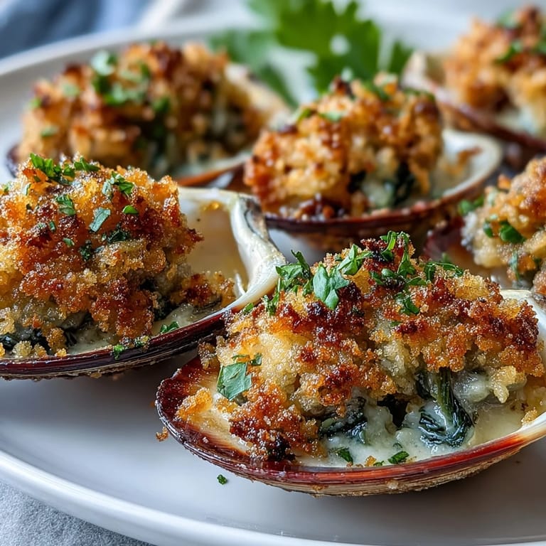 Lemony panko crusted roasted clams served warm with lemon wedges on a rustic plate.