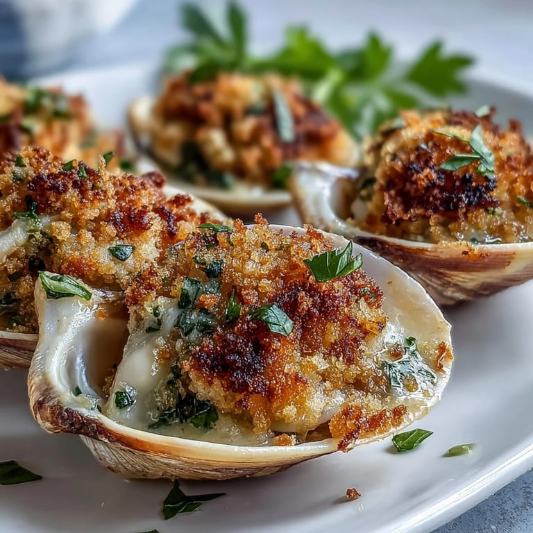 Freshly baked roasted clams with buttery panko topping, ready to serve as an elegant appetizer.
