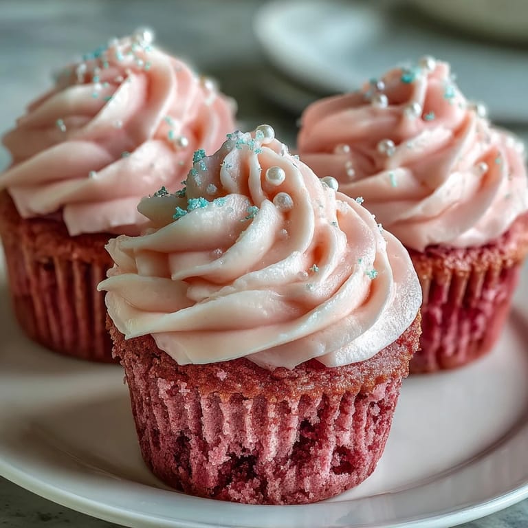 Moist, blush-pink cupcakes topped with a fluffy swirl of vanilla frosting.