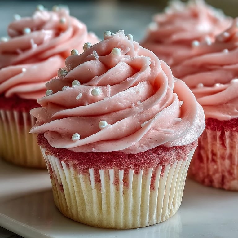 A close look at tender Pink Velvet Cupcakes with creamy frosting.