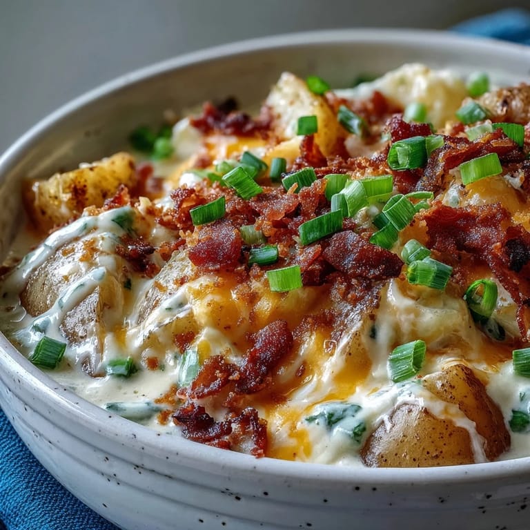 Steaming pot of Loaded Potato Soup with a ladle full of velvety broth, tender potatoes, and melted cheddar cheese.