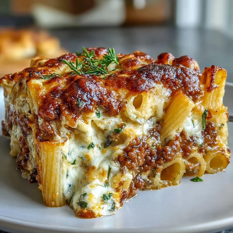 Fresh parsley garnishes a spoonful of creamy Cottage Cheese Protein Pasta Bake with Ground Beef, revealing tender pasta, savory meat, and cottage cheese blended into a protein-packed casserole.