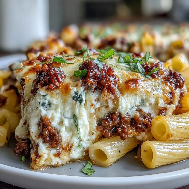 Close-up of Cottage Cheese Protein Pasta Bake with Ground Beef showing golden-brown cheese crust, steam rising, and a hearty scoop ready to serve over a rustic wooden table.