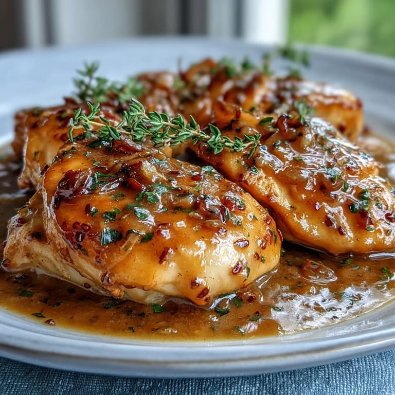 Slow Cooker Honey Mustard Chicken rests on fluffy white rice, garnished with fresh parsley and extra tangy sauce.