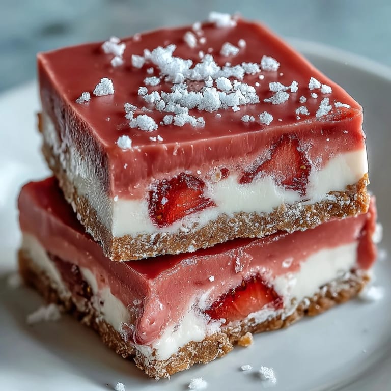 Vibrant pink No-Bake Strawberry Fudge Squares with a smooth texture, dusted with freeze-dried strawberry powder on a rustic table.
