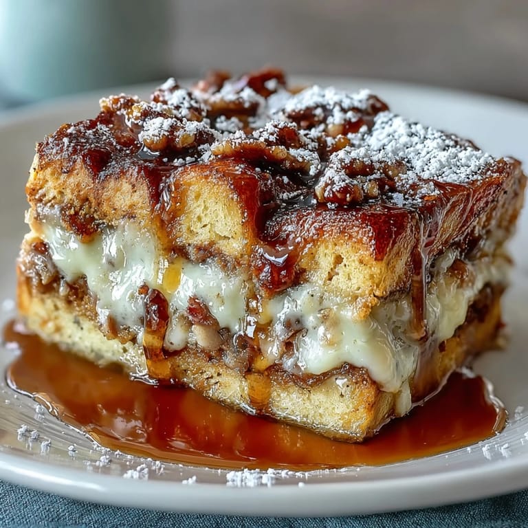 Fresh berries and a fork rest beside a slice of the savory Monte Cristo Breakfast Casserole.