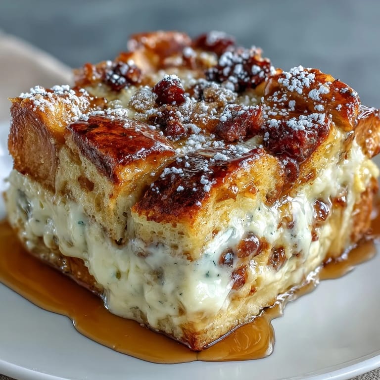 A close-up of a slice of Monte Cristo Breakfast Casserole showing layers of ham, turkey, and Swiss cheese.