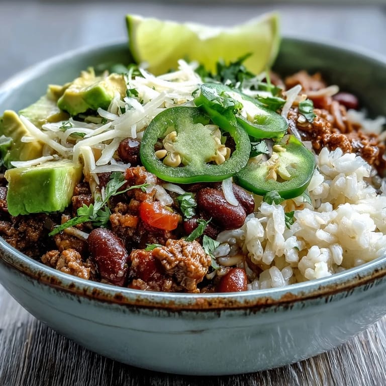 Spicy ground beef chili bowl base served with rice, avocado slices, and fresh cilantro.