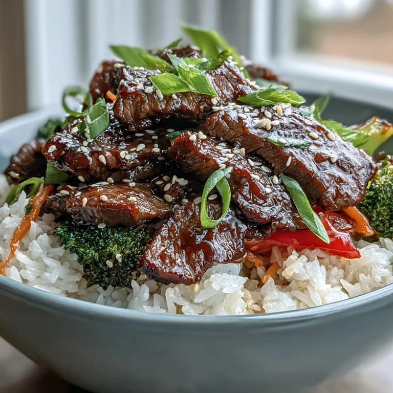 A close-up of a Teriyaki Beef Bowl with sautéed broccoli and peppers beside steamed rice.