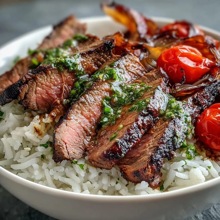 A hearty Grilled Steak Bowl featuring sliced steak, roasted bell peppers and zucchini, fluffy rice, and a generous drizzle of bright chimichurri sauce.