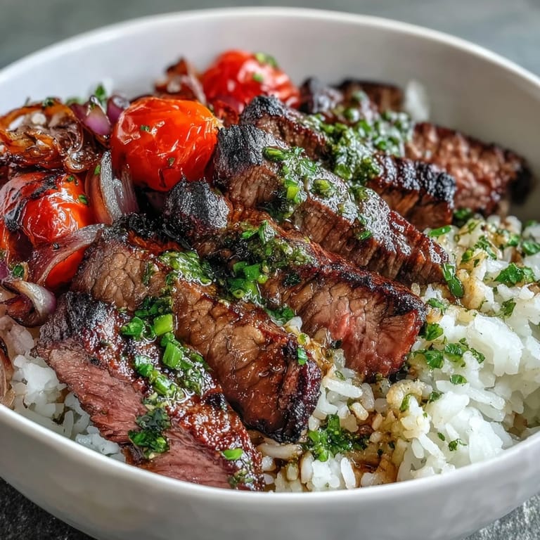 Sizzling grilled steak served on a bed of rice with roasted vegetables and drizzled with fresh chimichurri in this vibrant Grilled Steak Bowl.
