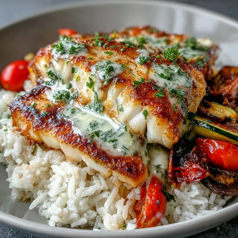Freshly prepared Pan-Seared Fish Bowl with tender fish, aromatic jasmine rice, and zesty lemon sauce for a healthy meal.