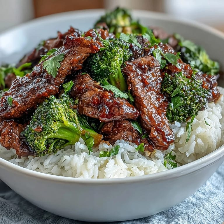 A close-up of a homemade Beef and Broccoli Bowl reveals glossy sauce coating beef and green broccoli, garnished with sesame seeds and green onions.  