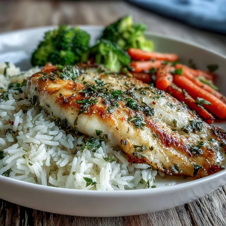 Perfectly baked tilapia bowl featuring fluffy rice, crisp-tender broccoli, and sweet carrots, ready for dinner.