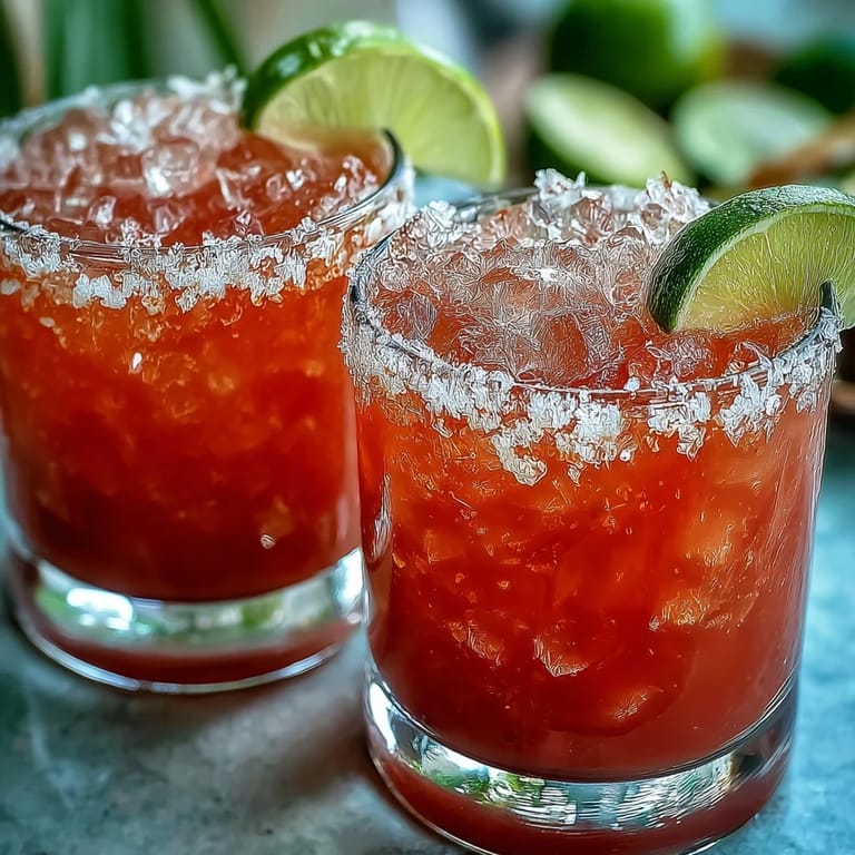 A tropical Guava Margarita cocktail with a Tajín rim, resting on a sunny patio table near lime wedges.
