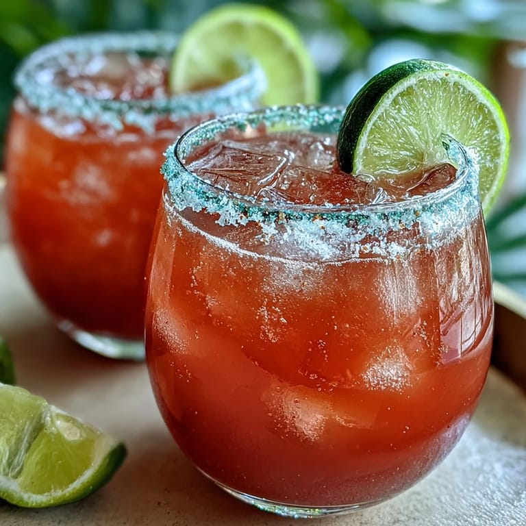 Close-up of a glass of Guava Margarita over ice, showcasing its pinkish hue and a fresh guava slice garnish.