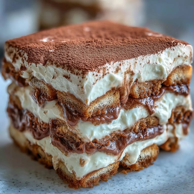 Hojicha Tiramisu in a glass dish with a spoon ready to serve, showcasing rich layered textures.