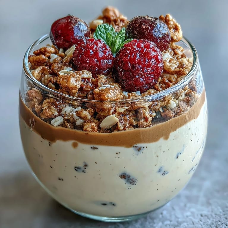 Served chilled, this Japanese fusion dessert features amber tea-infused cream and vibrant red berries.