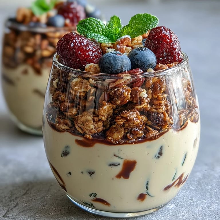 Ready-to-eat hojicha panna cotta parfait topped with mixed berries and granola, perfect for sweet cravings.