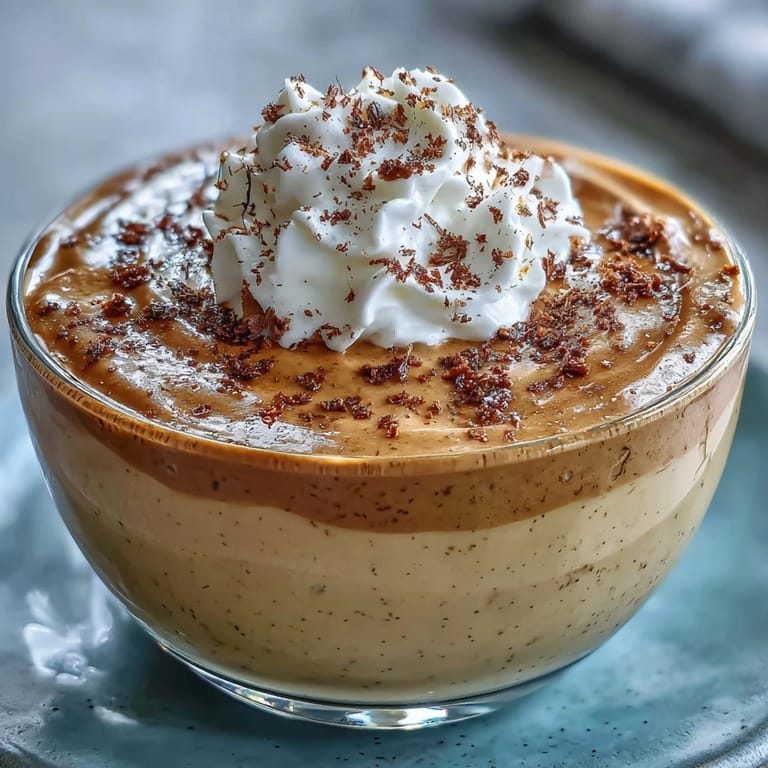 Silky Japanese hojicha pudding topped with roasted tea leaves and cream.