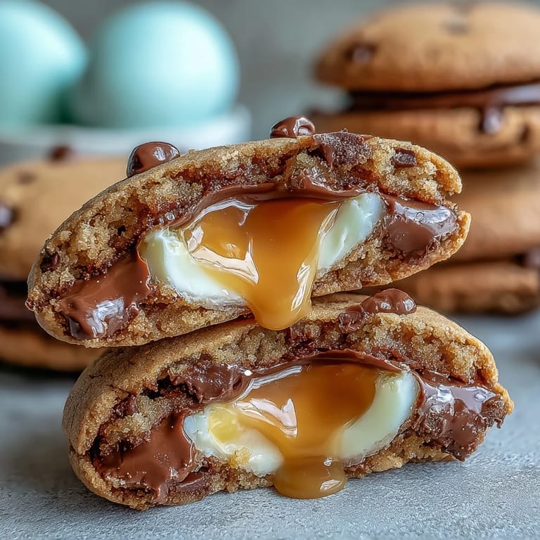 Chewy Cadbury Egg stuffed cookies: warm, soft chocolate chip cookies reveal a melted Cadbury center in every bite.
