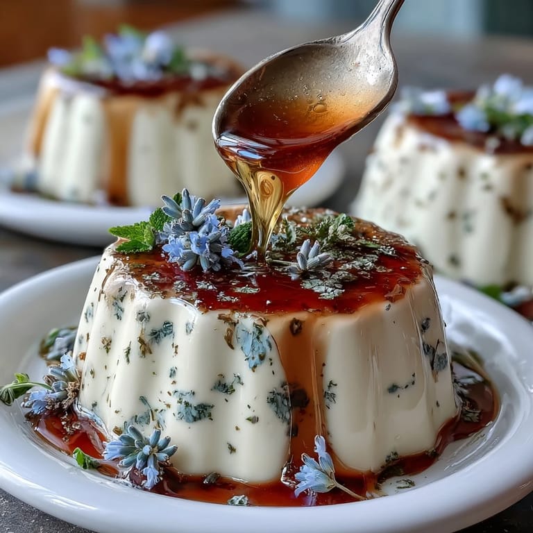 Elegant lavender panna cotta dessert, drizzled with golden honey and garnished with fresh edible blooms.