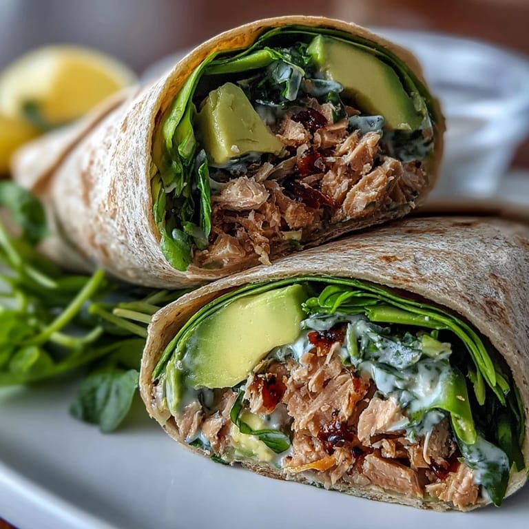 Bright and satisfying tuna-avocado wraps with baby spinach, ready in minutes for a nutritious meal.