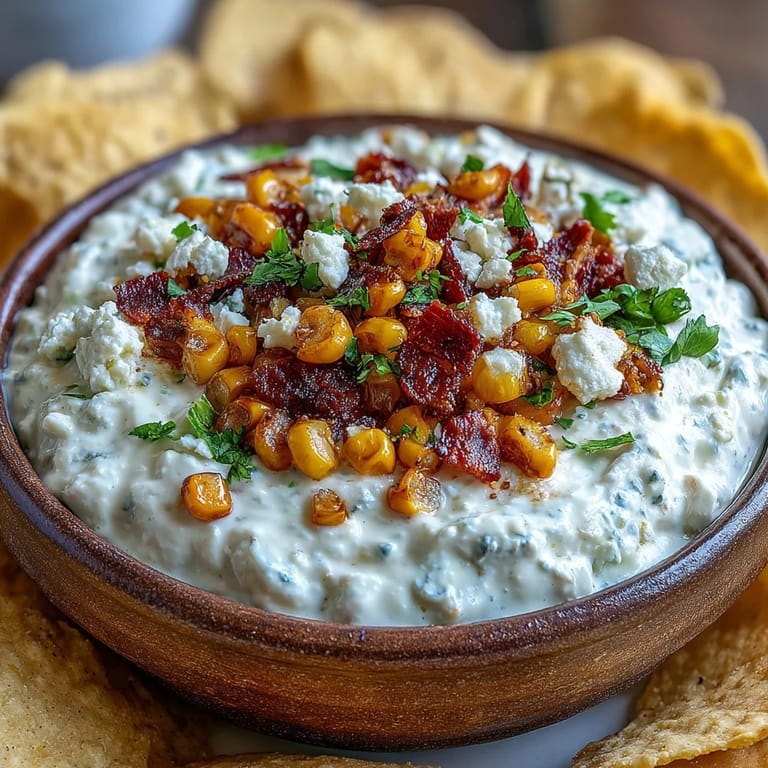 Mexican street corn dip featuring tangy lime, smoky paprika, and jalapeño, garnished with fresh cilantro and cotija.  
