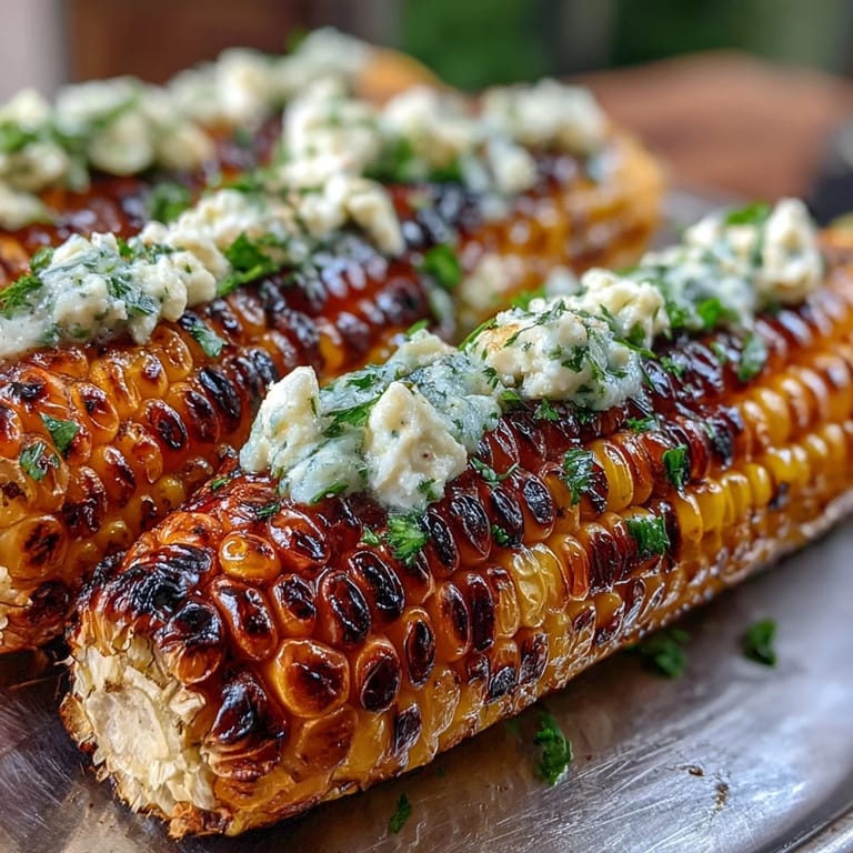 BBQ corn in foil slathered with fragrant herb butter, golden kernels glistening with savory richness.