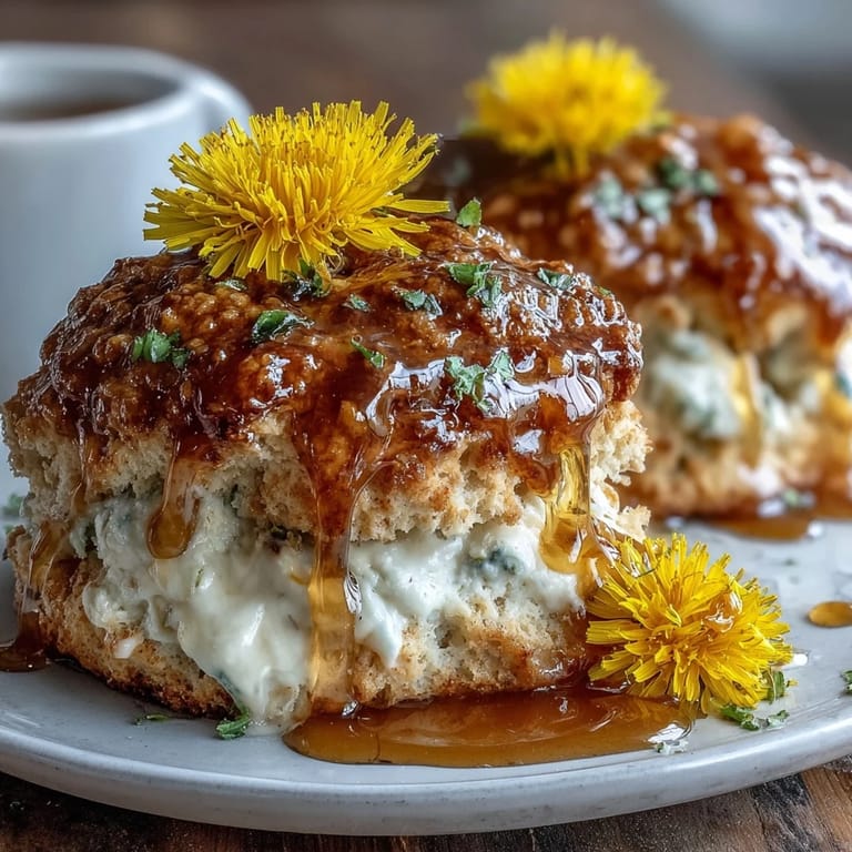 Warm scones baked with dandelion petals and honey, served with a generous dollop of clotted cream for a classic British-inspired brunch treat.