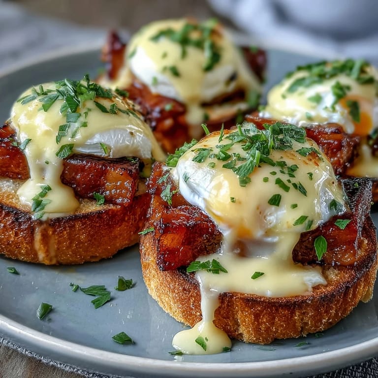 Classic Eggs Benedict: Perfectly poached eggs, savory Canadian bacon, and buttery hollandaise atop toasted English muffins—an elegant breakfast favorite.