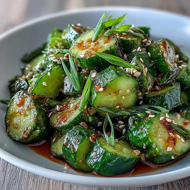 Crispy, smashed cucumbers tossed in tangy rice vinegar and spicy chili oil dressing.  