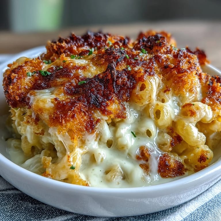 Rich and creamy macaroni and cheese bake featuring melted cheddar and Gruyère, with a golden, crispy breadcrumb crust fresh from the oven.
