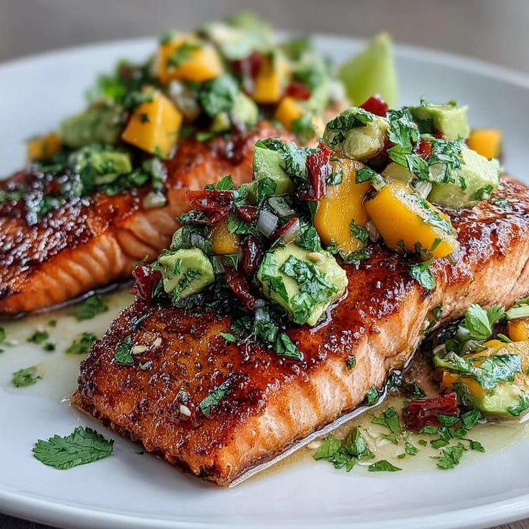 Oven-baked salmon served with zesty mango avocado salsa, offering a bright and nutritious gluten-free main course.