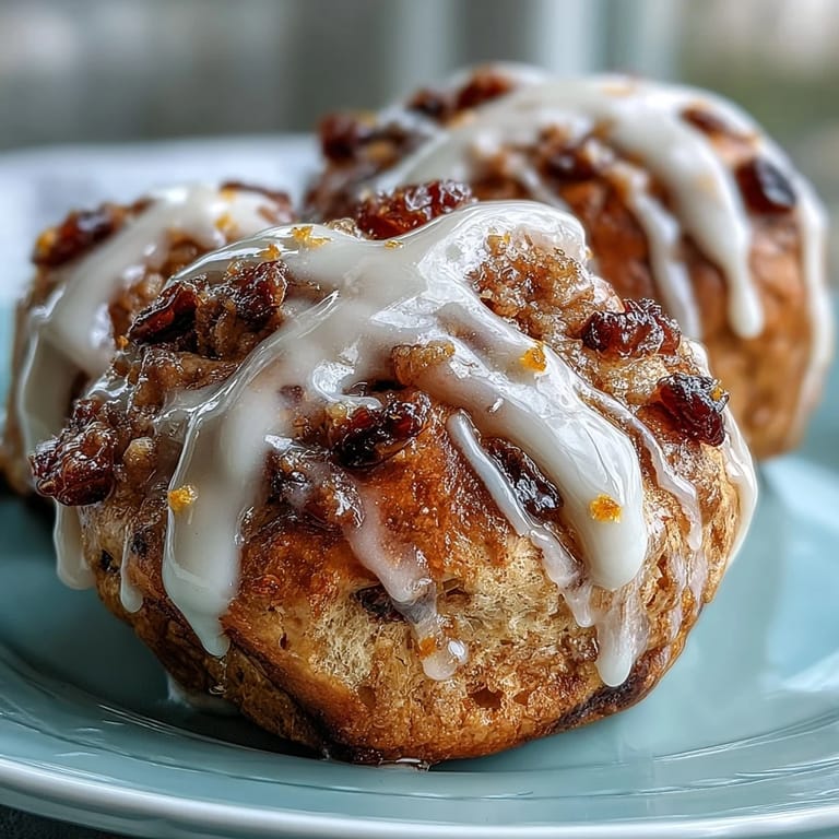 Golden-baked hot cross buns, studded with currants and drizzled with sweet orange glaze—a festive treat.  