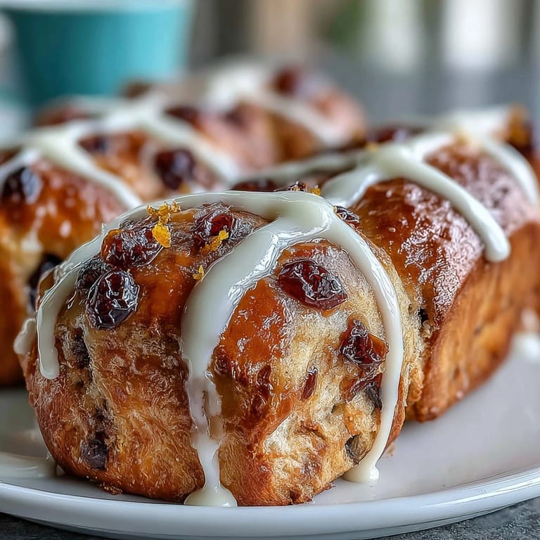 Warm hot cross buns with orange glaze, perfect for Easter breakfast or a cozy afternoon snack.