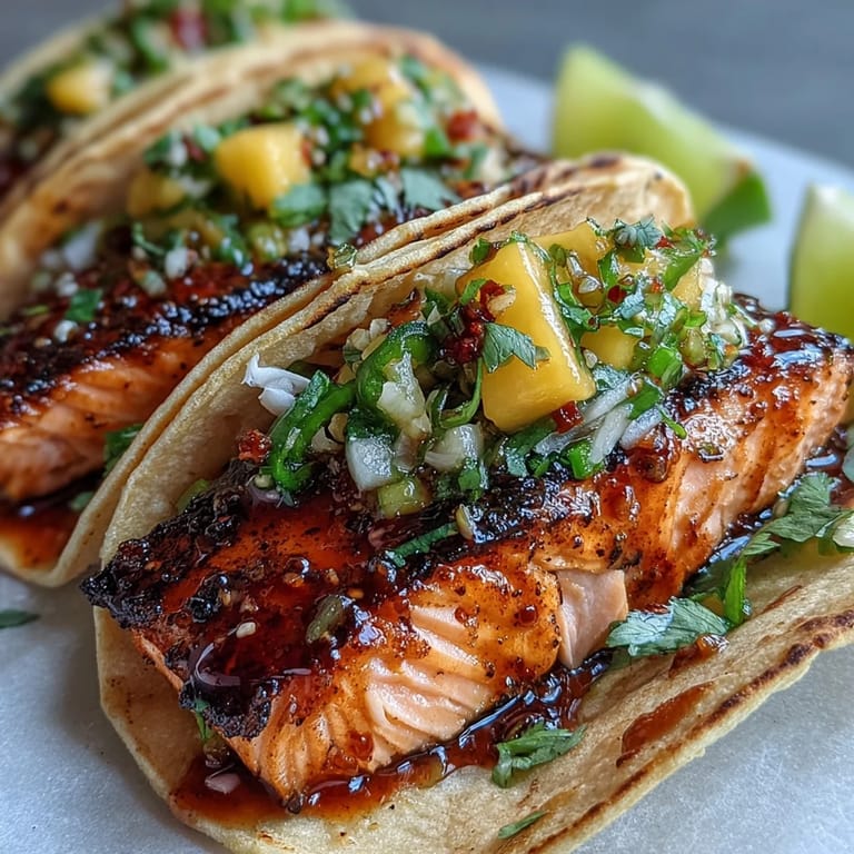 Vibrant grilled salmon tacos topped with zesty mango salsa, fresh cilantro, and crunchy cabbage for a flavorful summer meal.