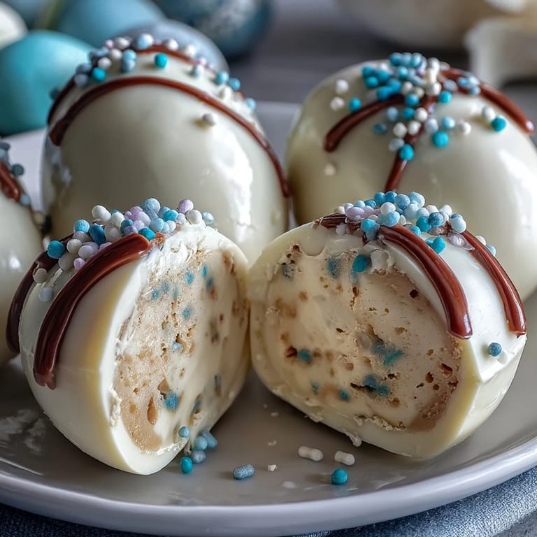 Homemade peanut butter Easter eggs coated in white chocolate and decorated with bright, cheerful sprinkles.