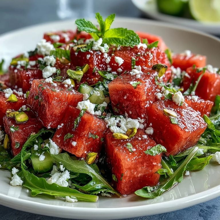 Refreshing watermelon and arugula salad topped with creamy feta, pistachios, and a tangy lime vinaigrette for a perfect summer meal.