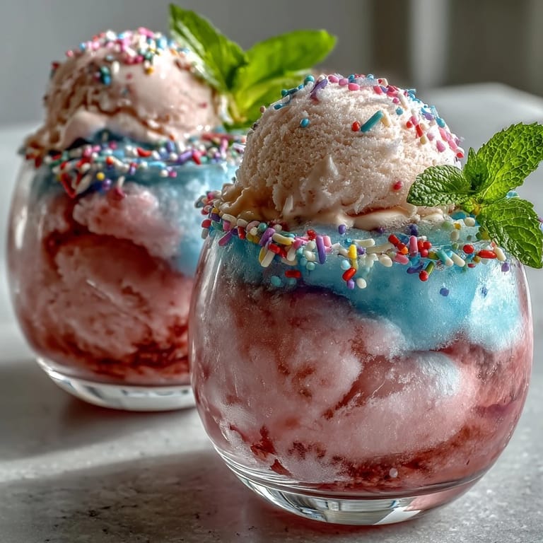 Dreamy cotton candy lemonade float topped with a scoop of vanilla ice cream, garnished with lemon and mint for a playful drink.