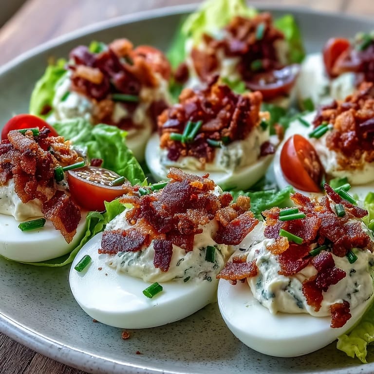 Perfect BLT Deviled Eggs: tender egg whites filled with smooth, seasoned yolk mixture and finished with lettuce, tomato, and golden bacon crumbles.