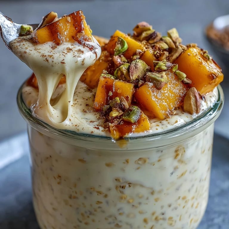 Velvety overnight oats blended with mango, yogurt, and cardamom, topped with crunchy pistachios for texture.