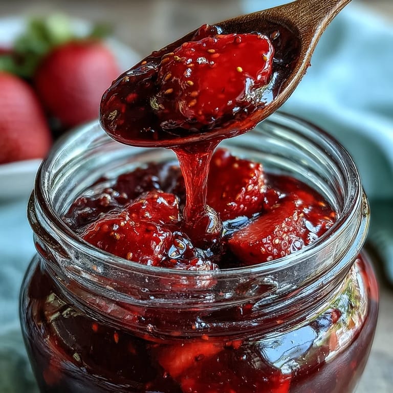 Rustic strawberry jam made with fresh berries, sugar, and lemon, evoking a nostalgic, homemade touch.