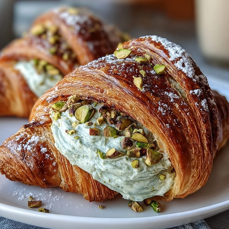 Luxurious pistachio cream-filled croissants baked to golden perfection, offering a delightful crunch and sweet nutty flavor in every bite.