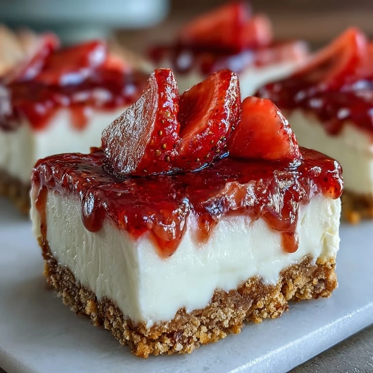 No-bake strawberry cheesecake bars featuring smooth cream cheese filling and juicy strawberry slices.  