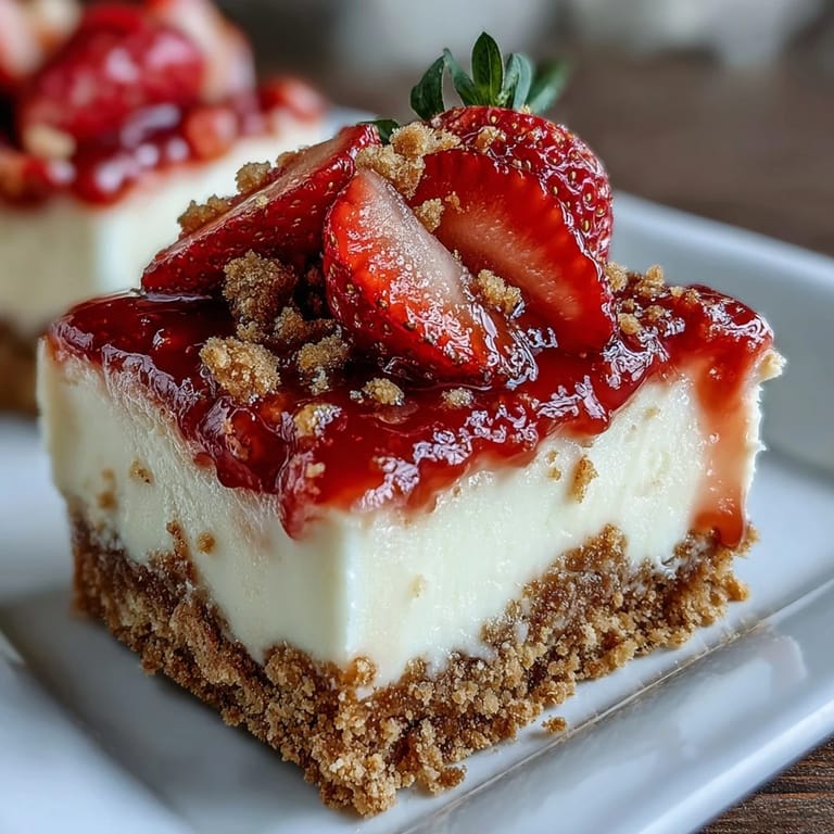 Delicious strawberry cheesecake bars with rich, creamy layers and fresh berries for a perfect dessert.