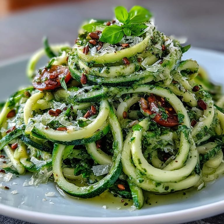 Light and refreshing zucchini noodles coated in fragrant basil pesto, garnished with cherry tomatoes and shaved Parmesan.  