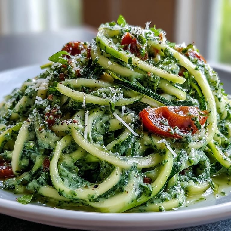Crisp zucchini noodles mixed with creamy homemade pesto and bright cherry tomatoes for a healthy, Italian-inspired meal.