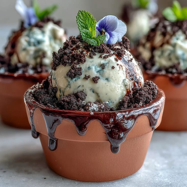Whimsical Mother's Day Flower Pot Brownies piled high with creamy frosting and dirt.