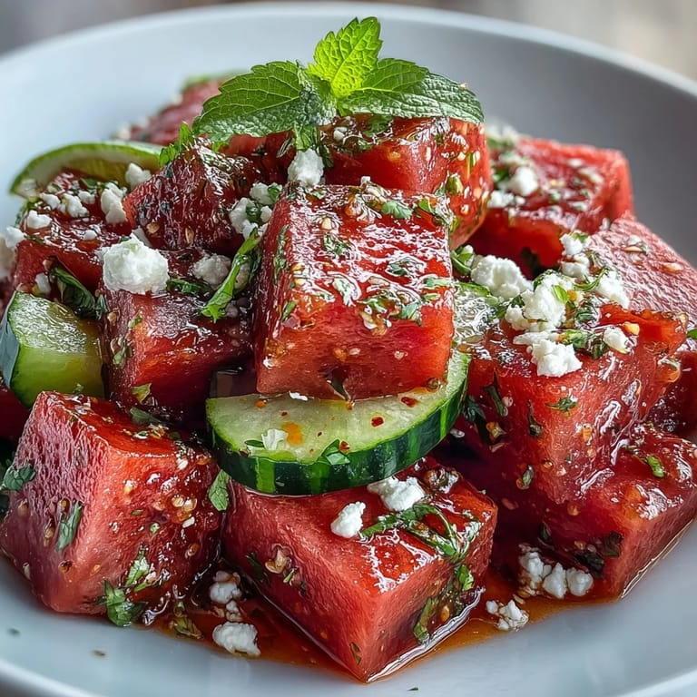 Juicy watermelon cucumber salad sparkles with Tajin, lime, and fresh cilantro crunch.
